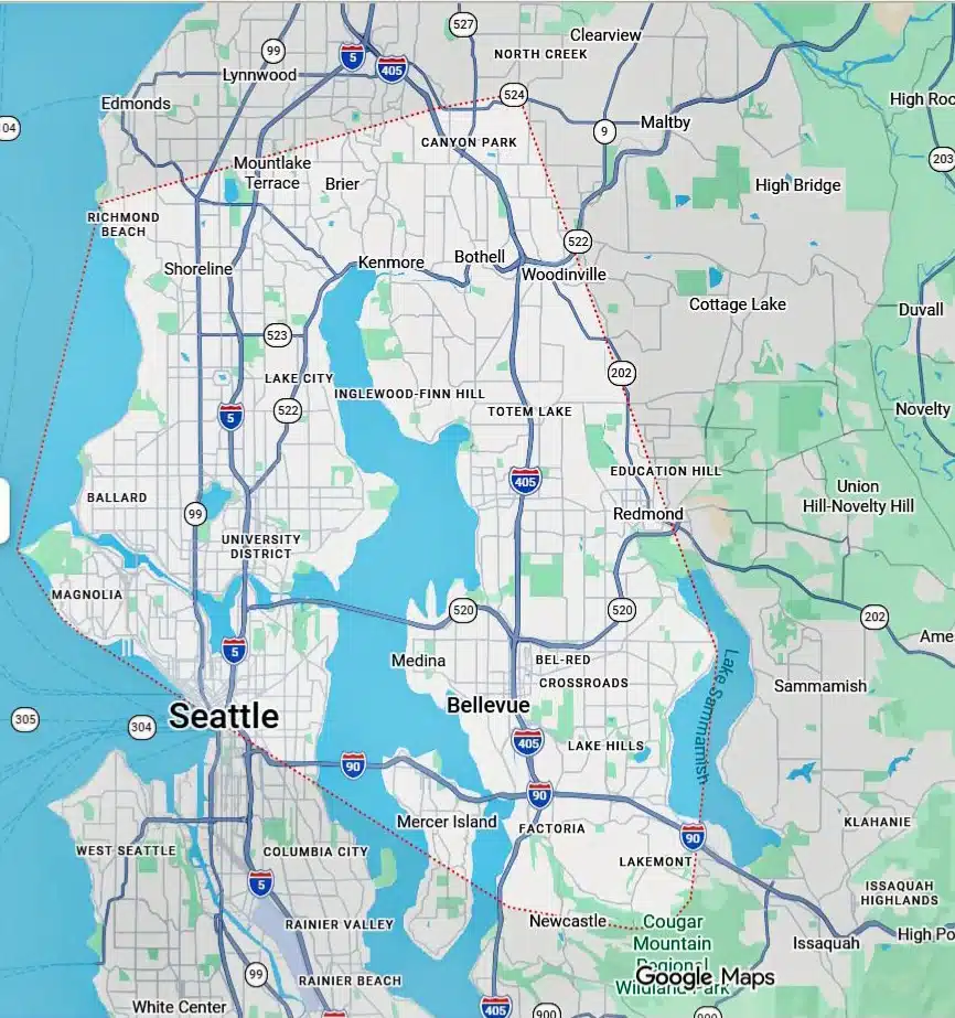 Extreme Handyman service area map — Seattle, Bellevue, Bothell, Shoreline, Kirkland